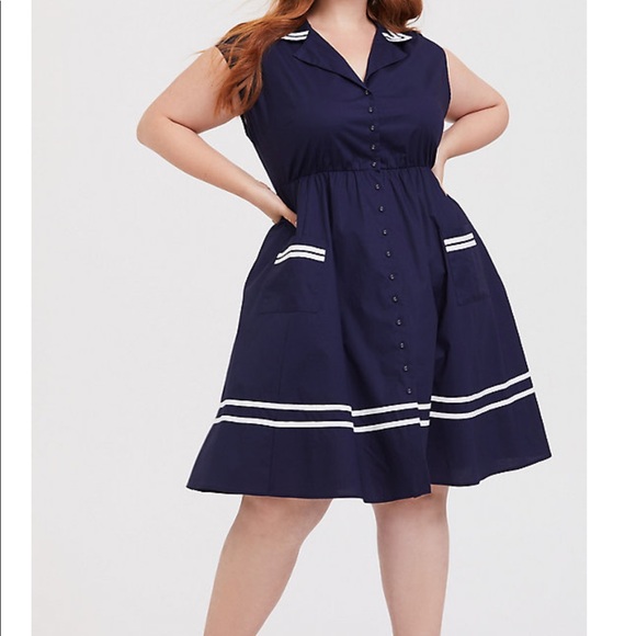 torrid Dresses & Skirts - torrid Navy Blue Fit-and-Flare Dress with White Trim
